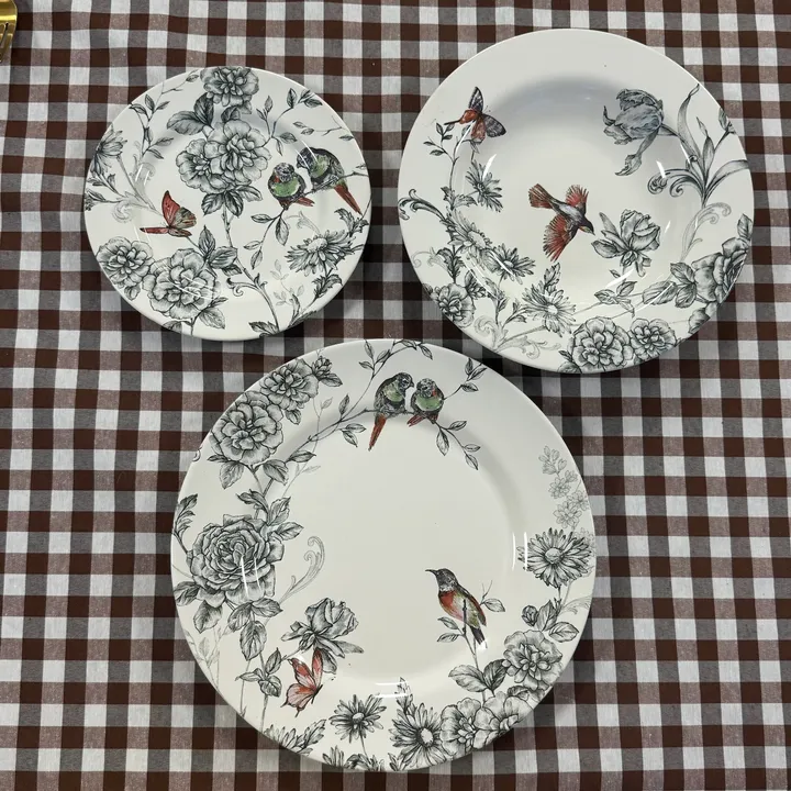 Vajilla de cerámica pájaros y flores 18 piezas, 6 servicios