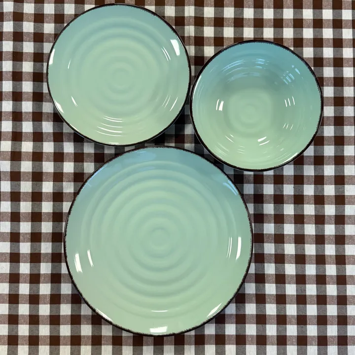 Vajilla de gres verde agua con borde marrón 18 piezas (pack de 6), 6 servicios